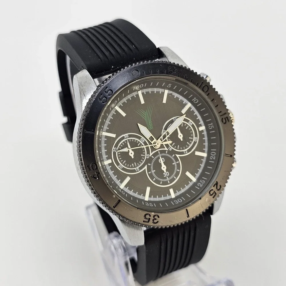 Men's Analog Watch 46MM Black Dial Black Plastic Bands New Battery